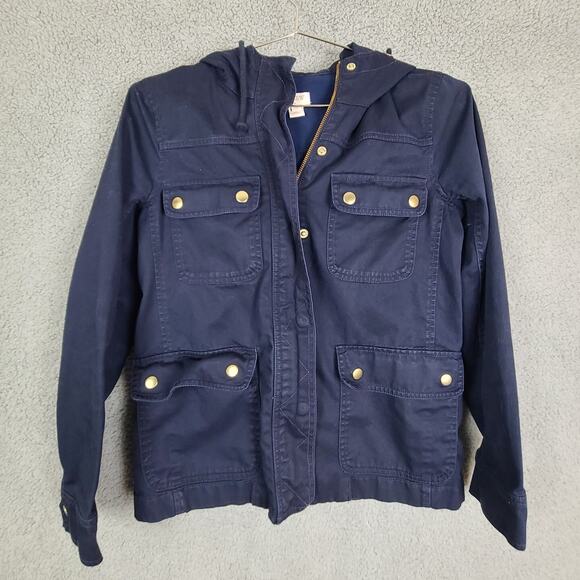 J. Crew Womens Sz XS Navy Blue Twill Utility Military Hooded Field Jacket - Picture 1 of 8